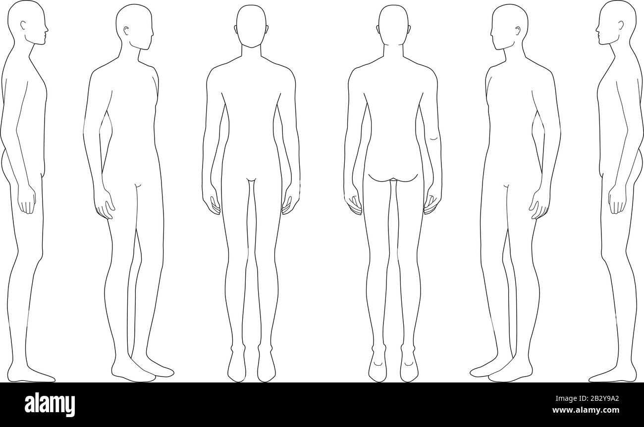 Modèle de mode d'hommes debout dans un point de vue différent. 9 dimensions de tête pour le dessin technique. Les messieurs se voient de l'avant, du côté, 3-4 et de l'arrière. Silhouette vectorielle pour l'esquisse et l'illustration de mode. Illustration de Vecteur