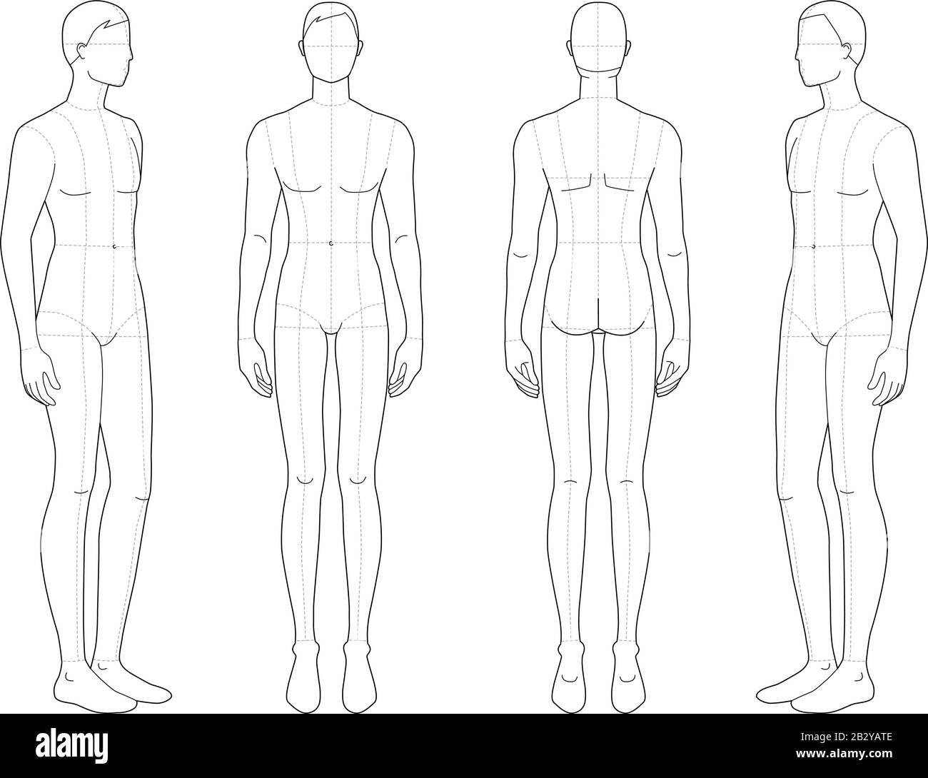 Modèle de mode d'hommes debout. 9 dimensions de tête pour le dessin technique avec lignes principales. Messieurs, figure avant, 3-4 et vue arrière. Silhouette vectorielle pour l'esquisse et l'illustration de mode. Illustration de Vecteur