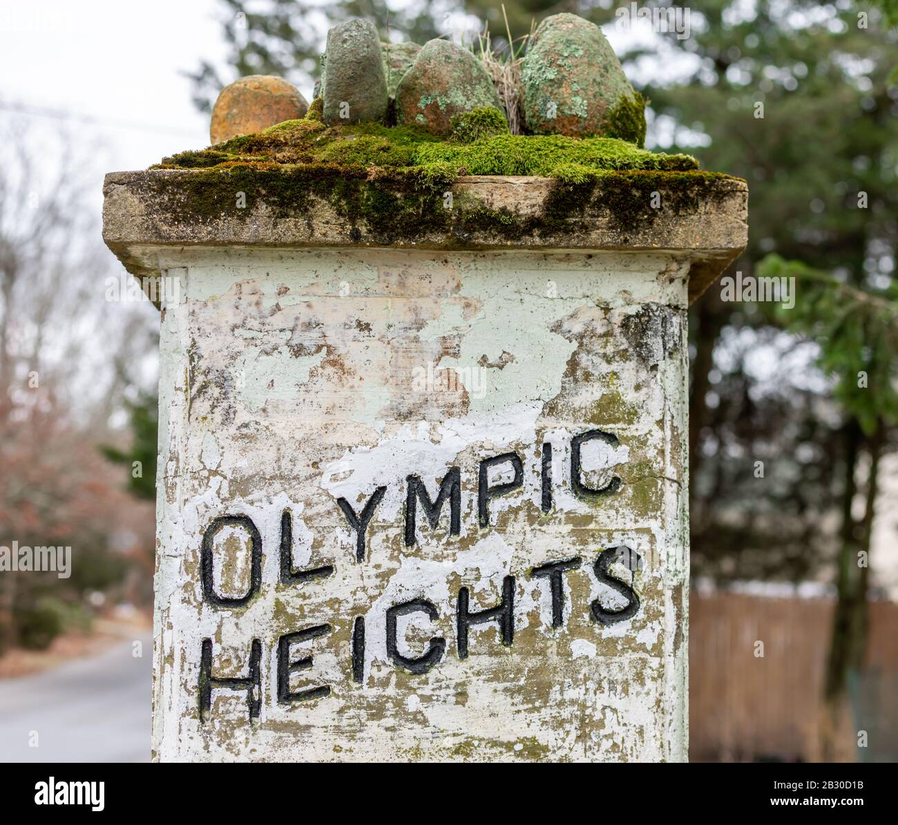 Vieux panneau pour Olympic Heights à Springs, East Hampton, NY Banque D'Images