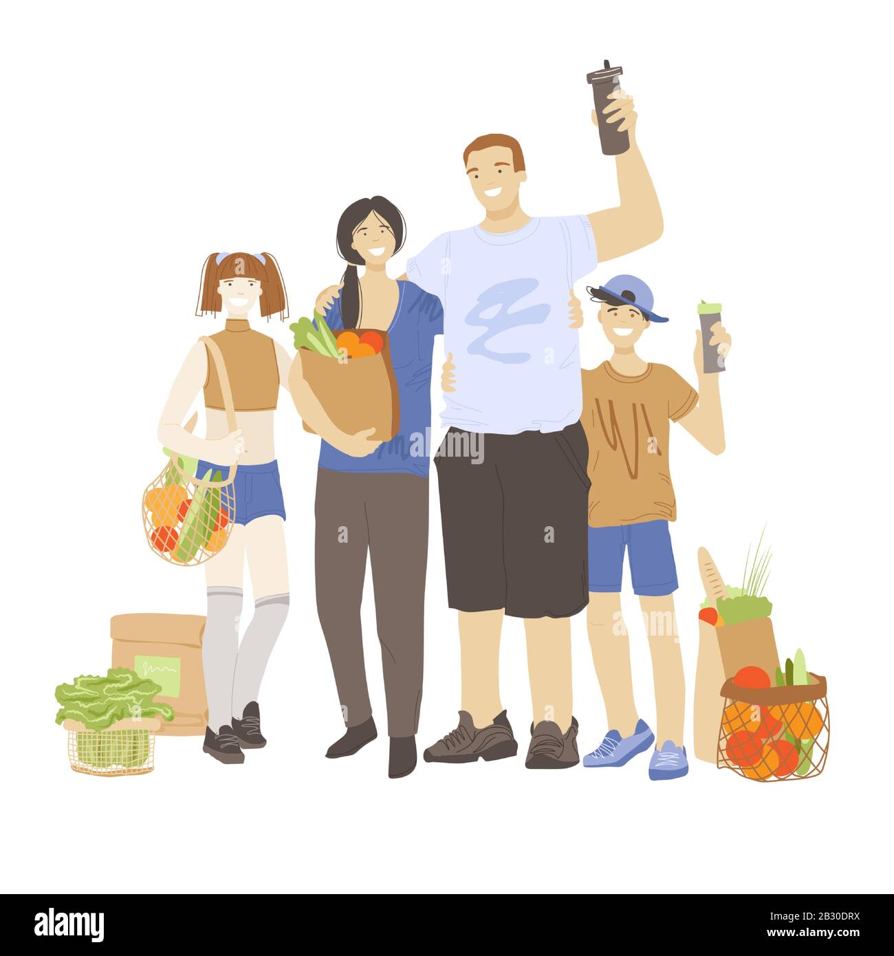 Bonne famille d'hommes, de femmes et de deux enfants qui détiennent des produits sans déchets dans les mains - tasse réutilisable, sacs, écologie zéro déchet cuisine et produits d'hygiène Illustration de Vecteur
