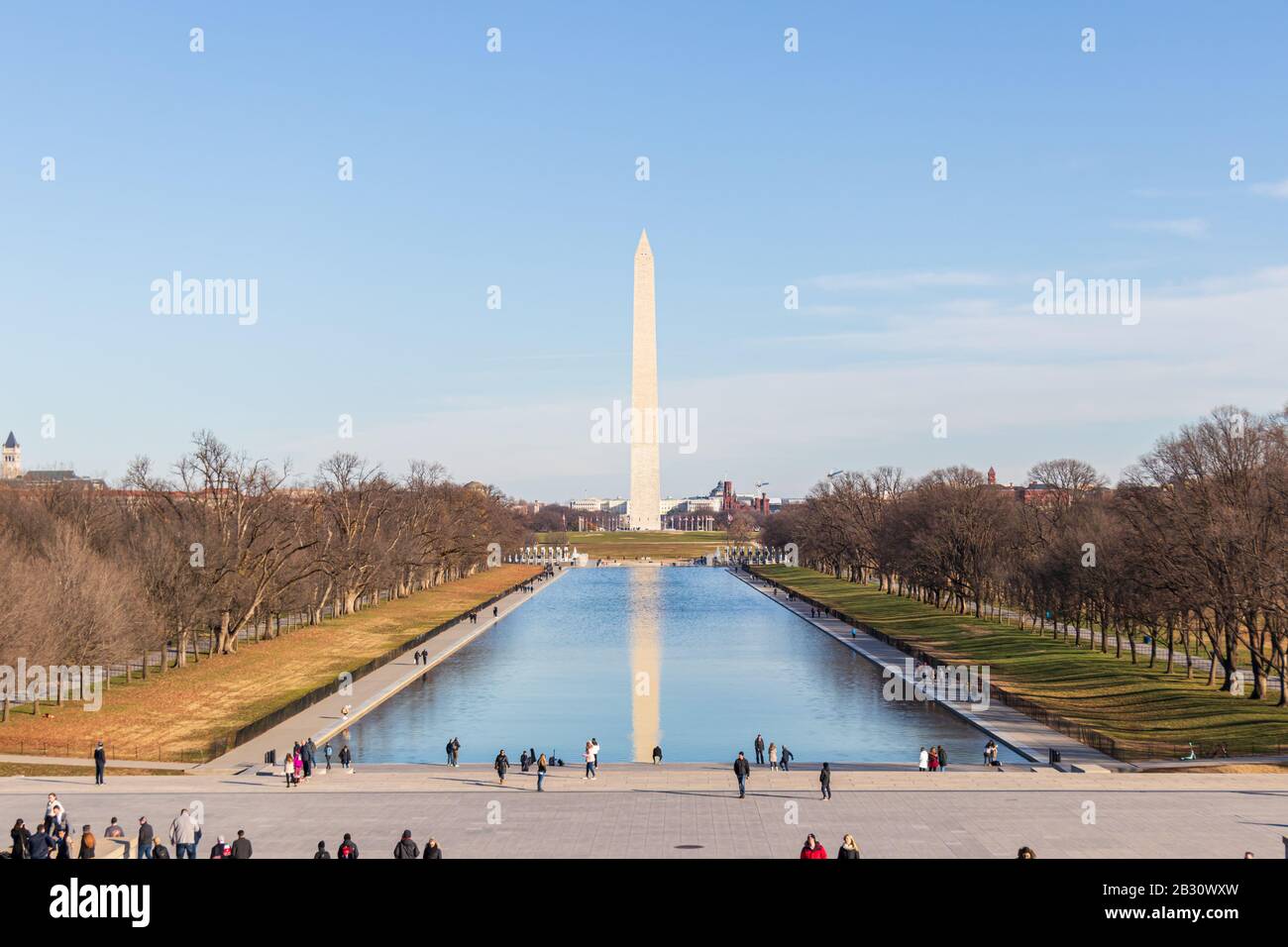 Le Washington Monument a vu depuis les marches du Lincoln Memorial un jour clair, reflet clair dans la piscine réfléchissante. Banque D'Images