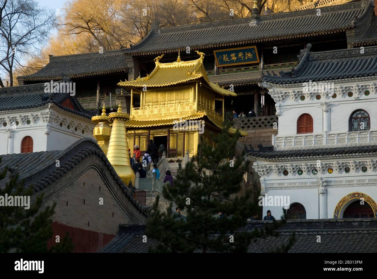Temple De Xiantong, Wutaishan, Province De Shanxi, Chine. La salle de bronze dorée, coulée en 1606, réplique un pavillon de la dynastie Ming. Banque D'Images
