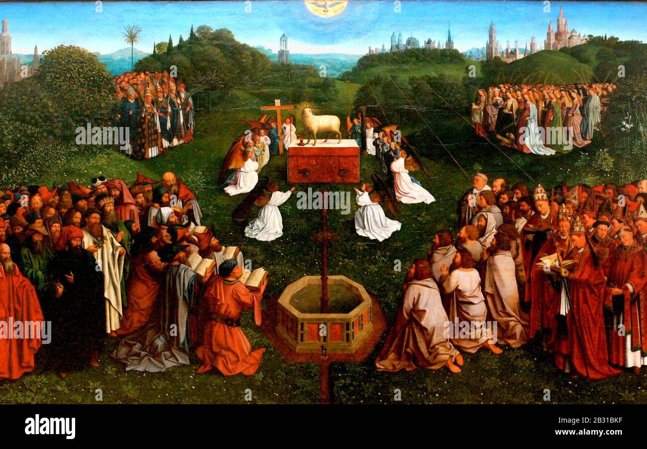 Autel du Genter, adoration de l'agneau - Jan van Eyck. Banque D'Images