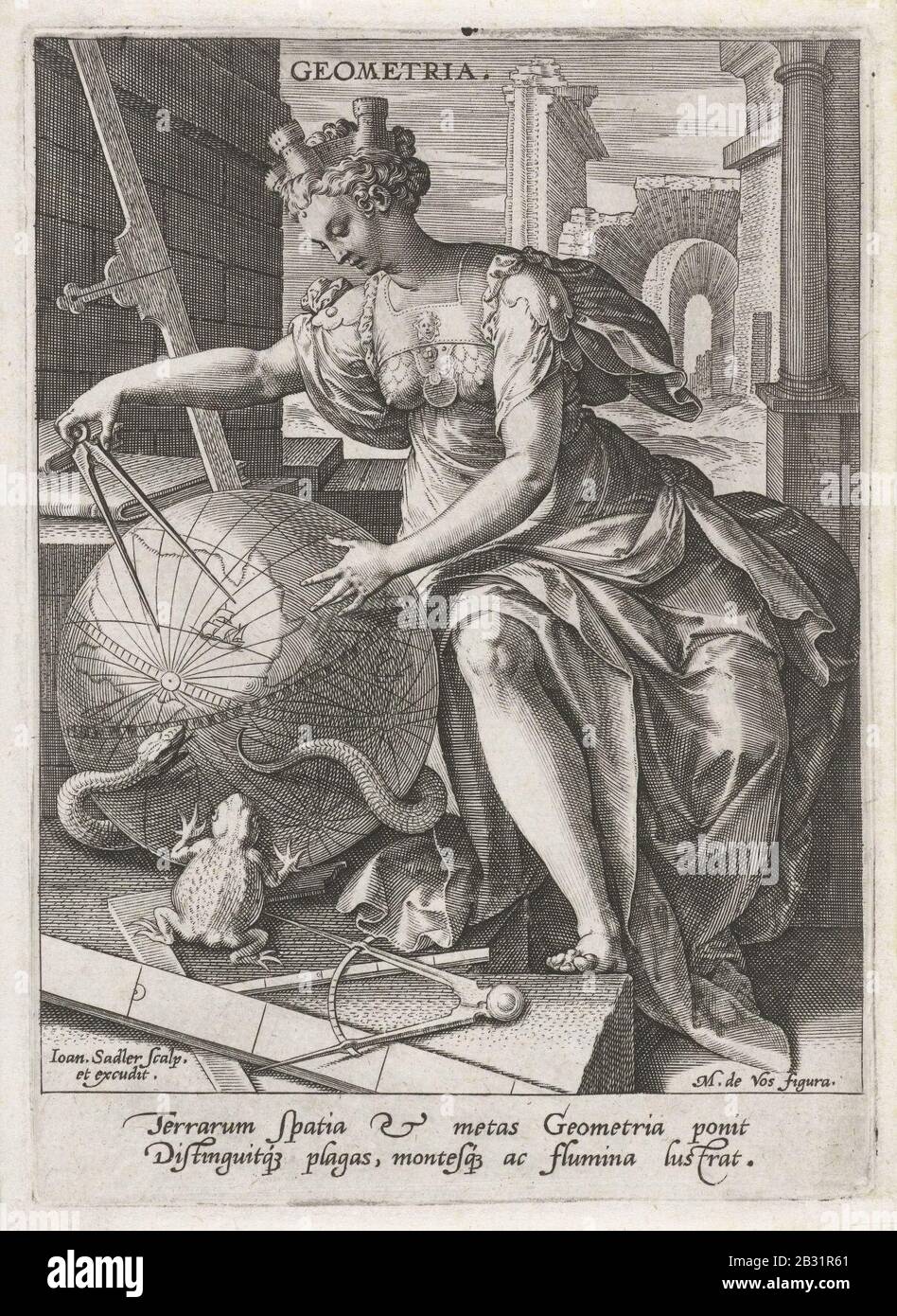 Geometria, Johann Sadeler (I), après Maerten de vos, Cornelis Cort et Frans Floris (I), 1560 - 1600, gravure, 15.0 par 10.6 cm. Banque D'Images