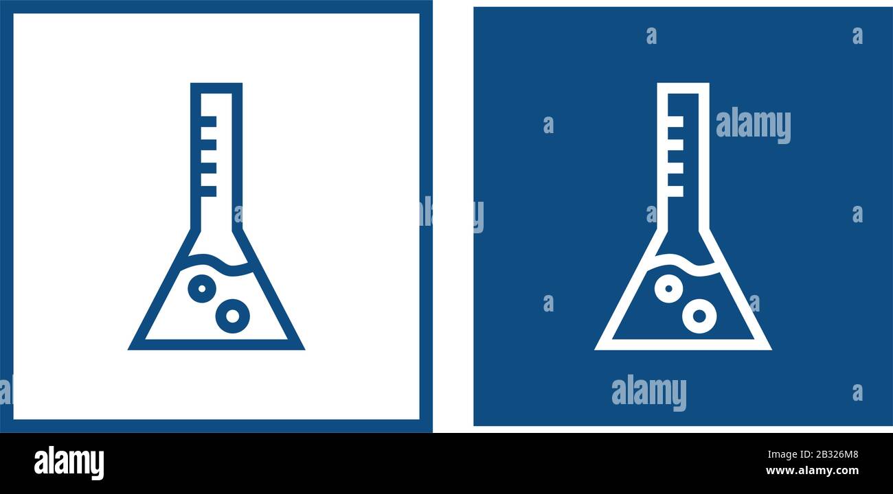 Bécher de laboratoire scientifique avec réactif chimique. Le symbole se trouve dans un cadre carré. Icônes vectorielles bleues. Illustration de Vecteur