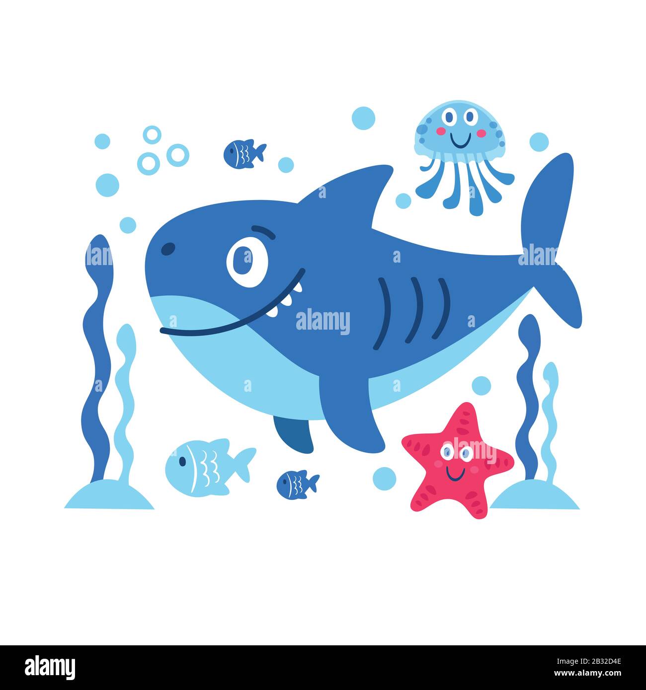 Illustration avec des animaux de mer requin étoiles poisson jellyfish Illustration de Vecteur