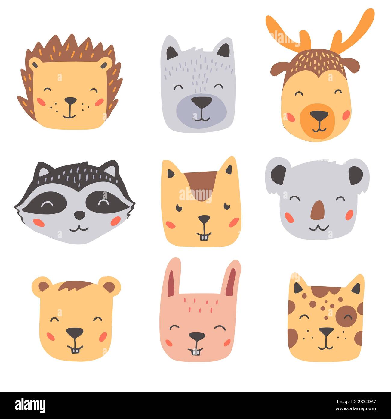 Ensemble De Jolis Visages D Animaux Sauvages Ours Cerf Loup Lapin Herisson Animaux A Illustration Vectorielle Isoles Pour Bebe Enfant Conception De Projet Enfant Joli Style Dessine A La Main Image Vectorielle Stock