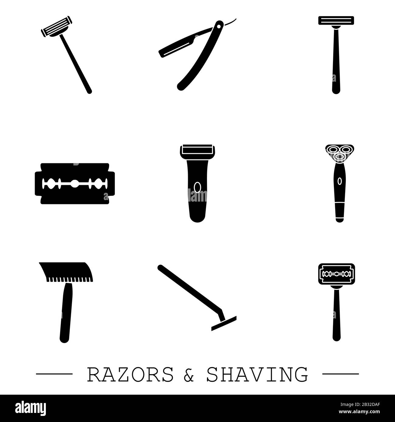 Jeu d'icônes noires vectorielles de rasoir. Collection de 9 icônes de contours de rasoir. Icônes de rasoir modifiables pour le Web et le mobile. Rasage. Rasoir lame rasoir simple Illustration de Vecteur