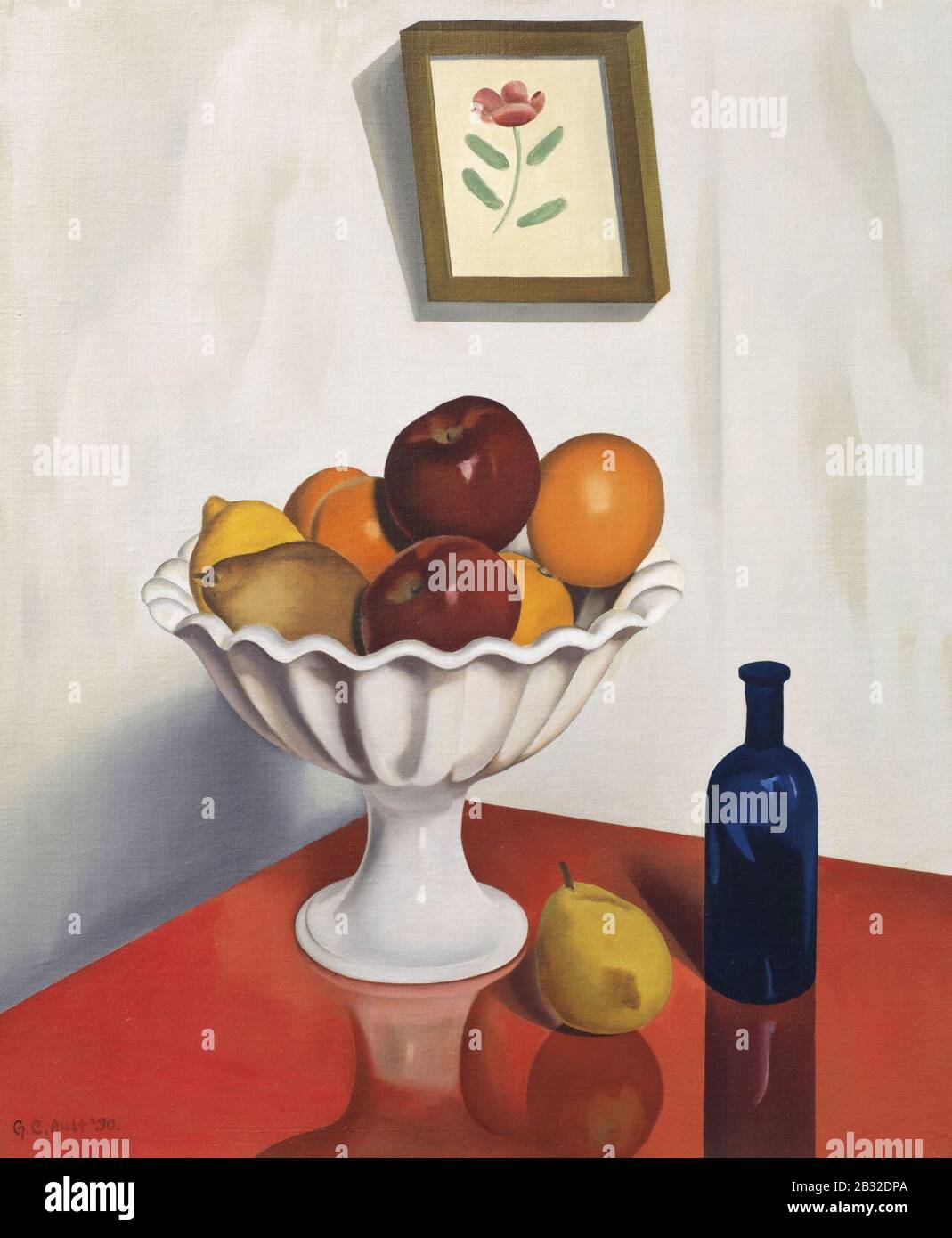 Bol de fruits George copeland ault sur toile cirée rouge. Banque D'Images