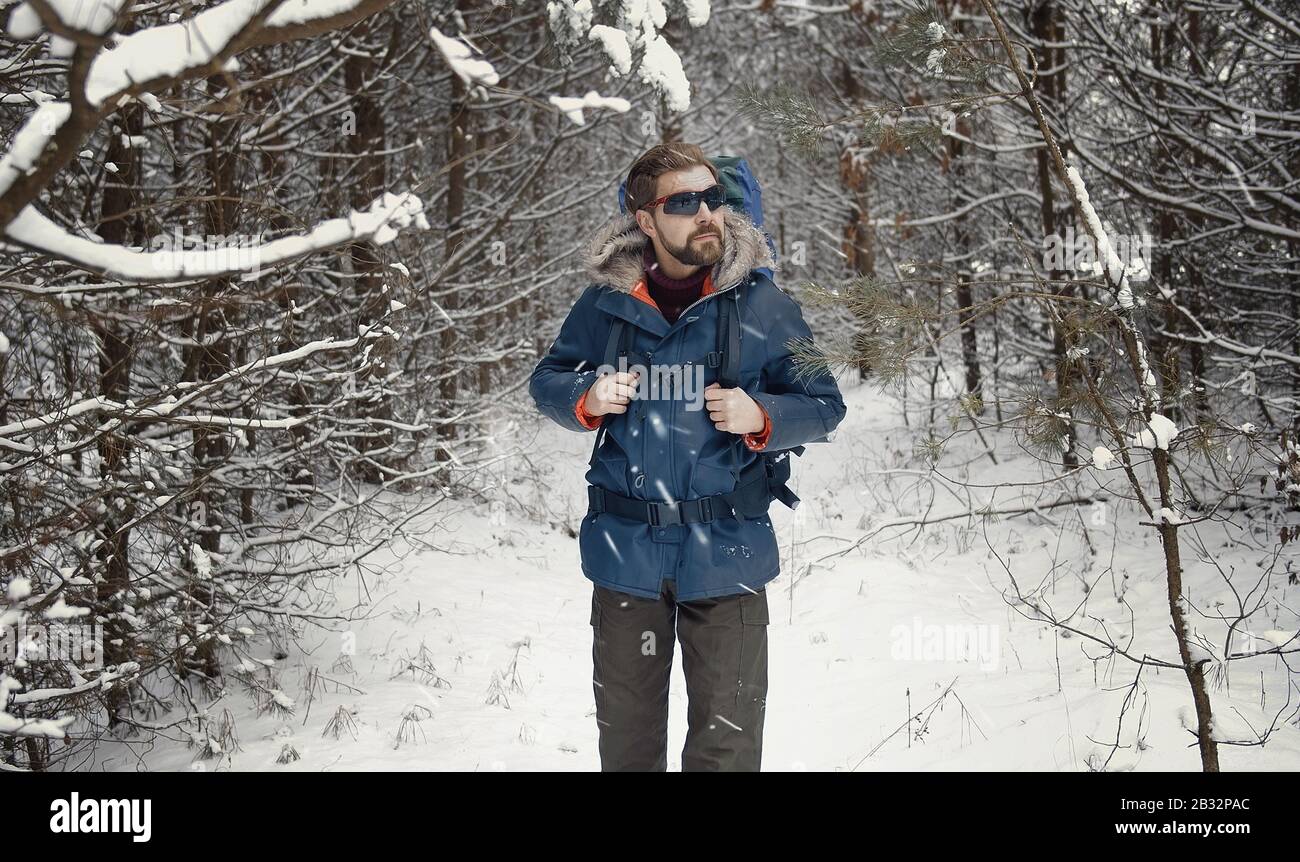 Promenades en forêt neige randonneurs Banque D'Images