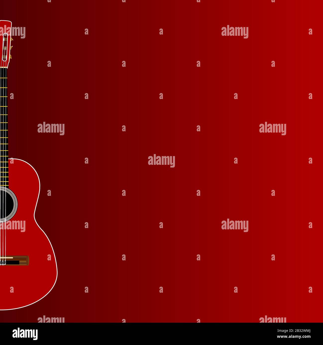 Une guitare acoustique typique flamenco espagnole installée sur un fond rouge foncé Illustration de Vecteur