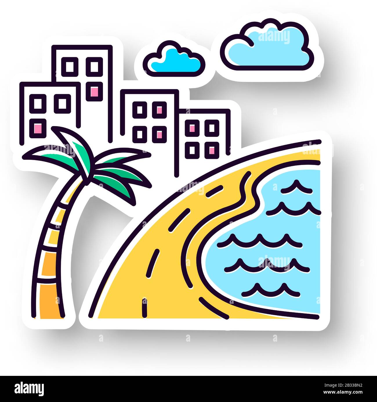 Brésil plage de l'océan patch. Autocollant imprimable couleur RVB. Gratte-ciel et étang. Bâtiments. Route le long de la côte avec la paume. San Paulo. Rio de Janeiro. Vecteur Illustration de Vecteur