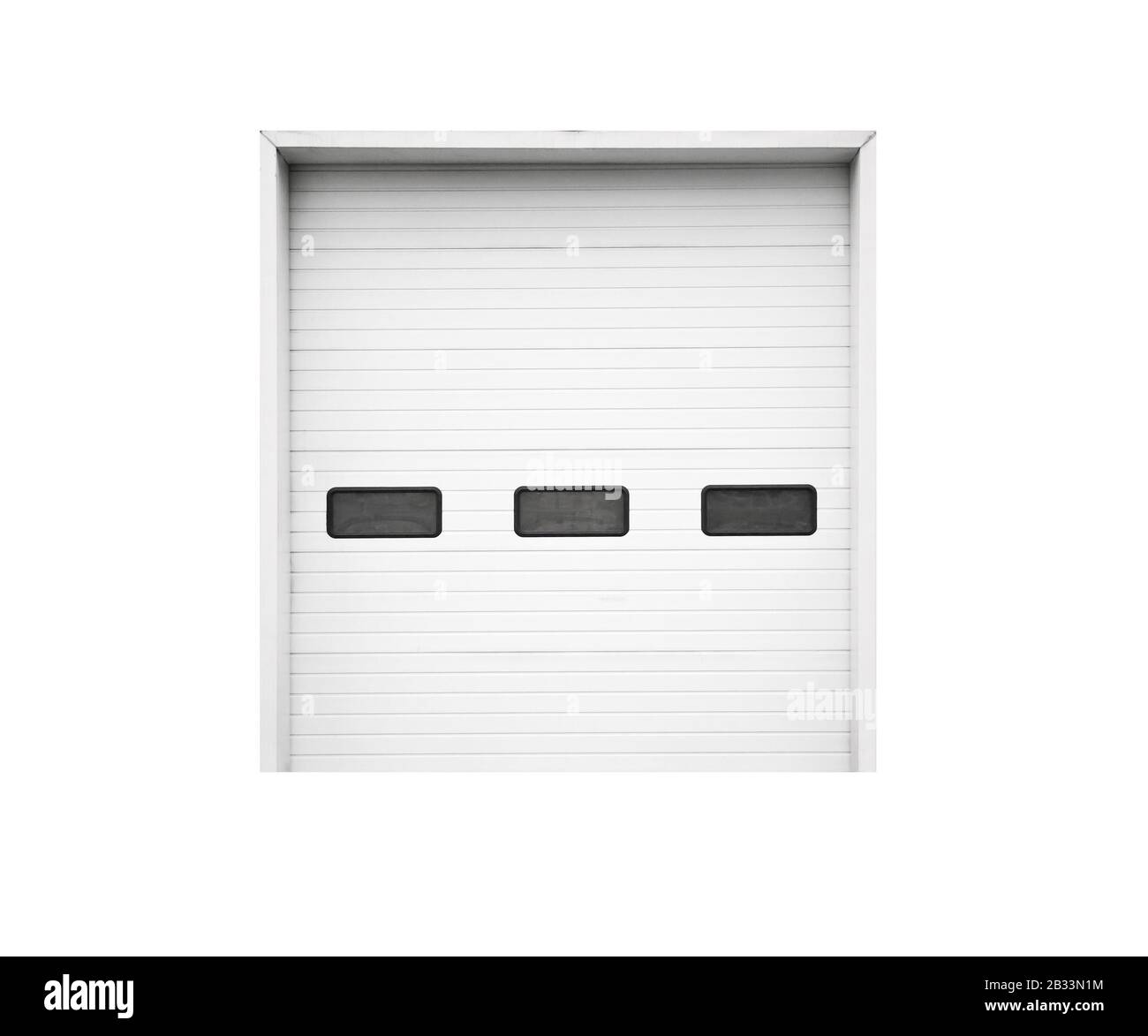 Porte de garage blanche avec petites fenêtres isolées sur fond blanc plat photo texture Banque D'Images