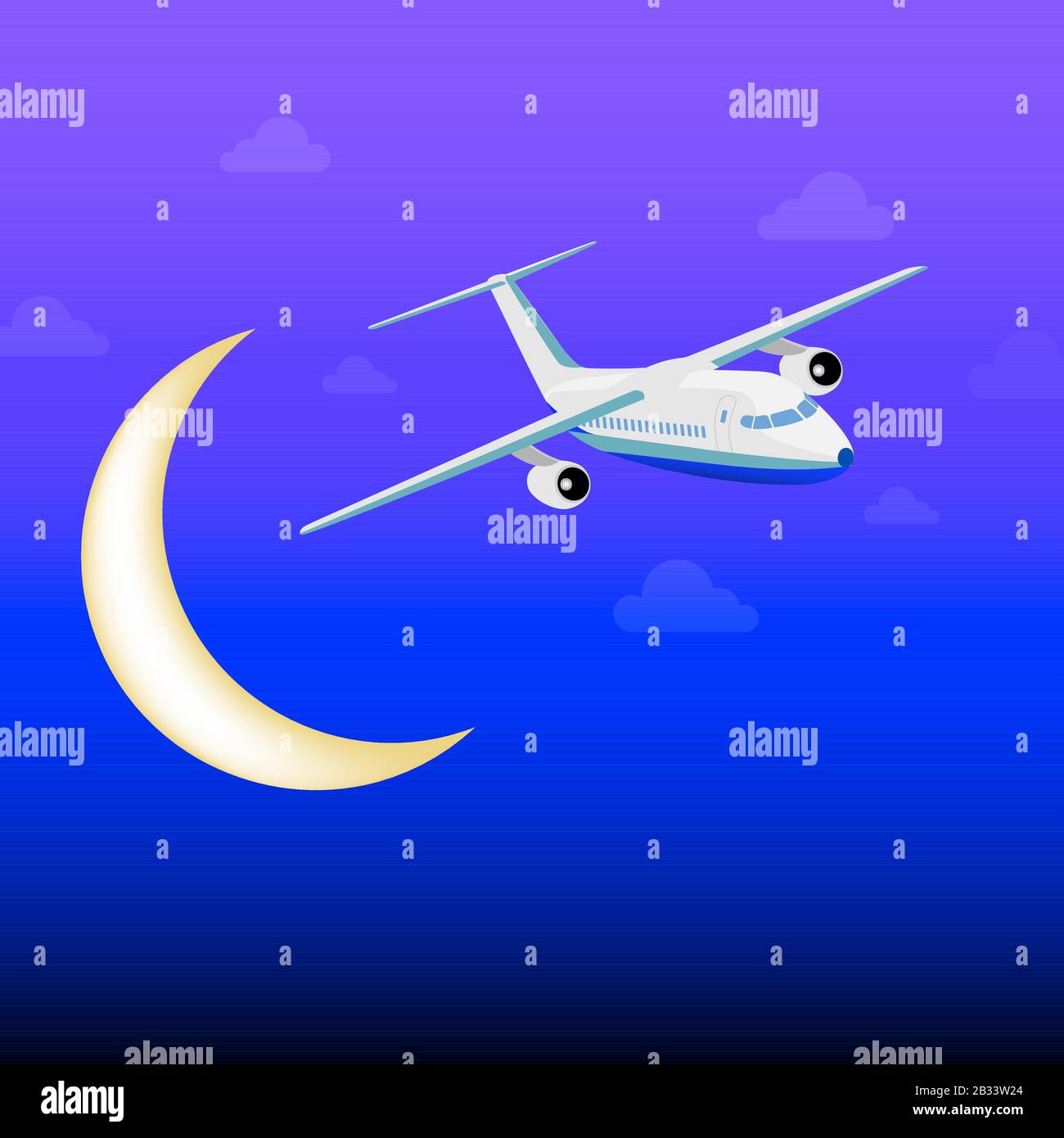 Avion de passagers blanc volant entre les nuages dans la nuit. Fond bleu foncé. Illustration de Vecteur