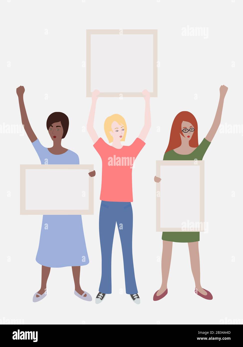 Illustration de trois femmes différentes se tenant dans la manifestation avec des affiches ou des tableaux vides (espace pour le texte) dans un fond clair Banque D'Images