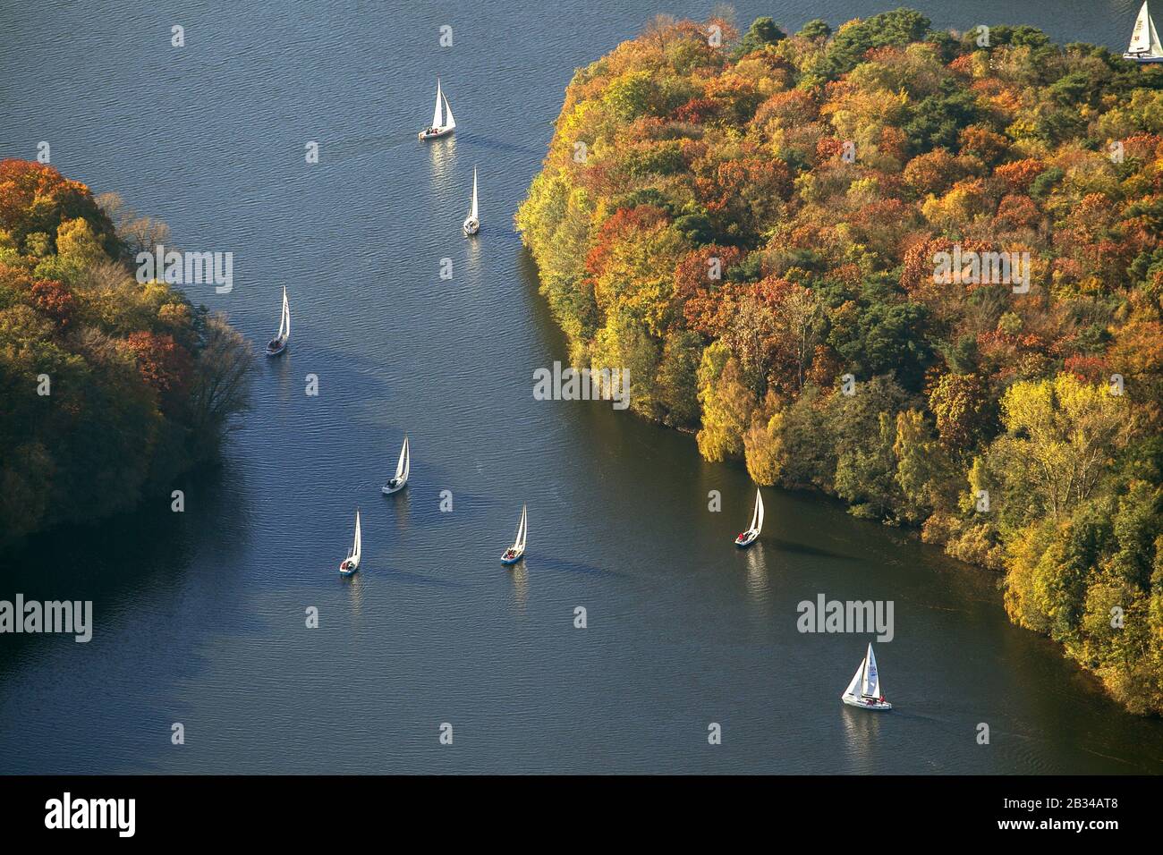 , bateaux à voile sur le réservoir de Haltern en automne, vue aérienne, Allemagne, Rhénanie-du-Nord-Westphalie, région de la Ruhr, Haltern Banque D'Images