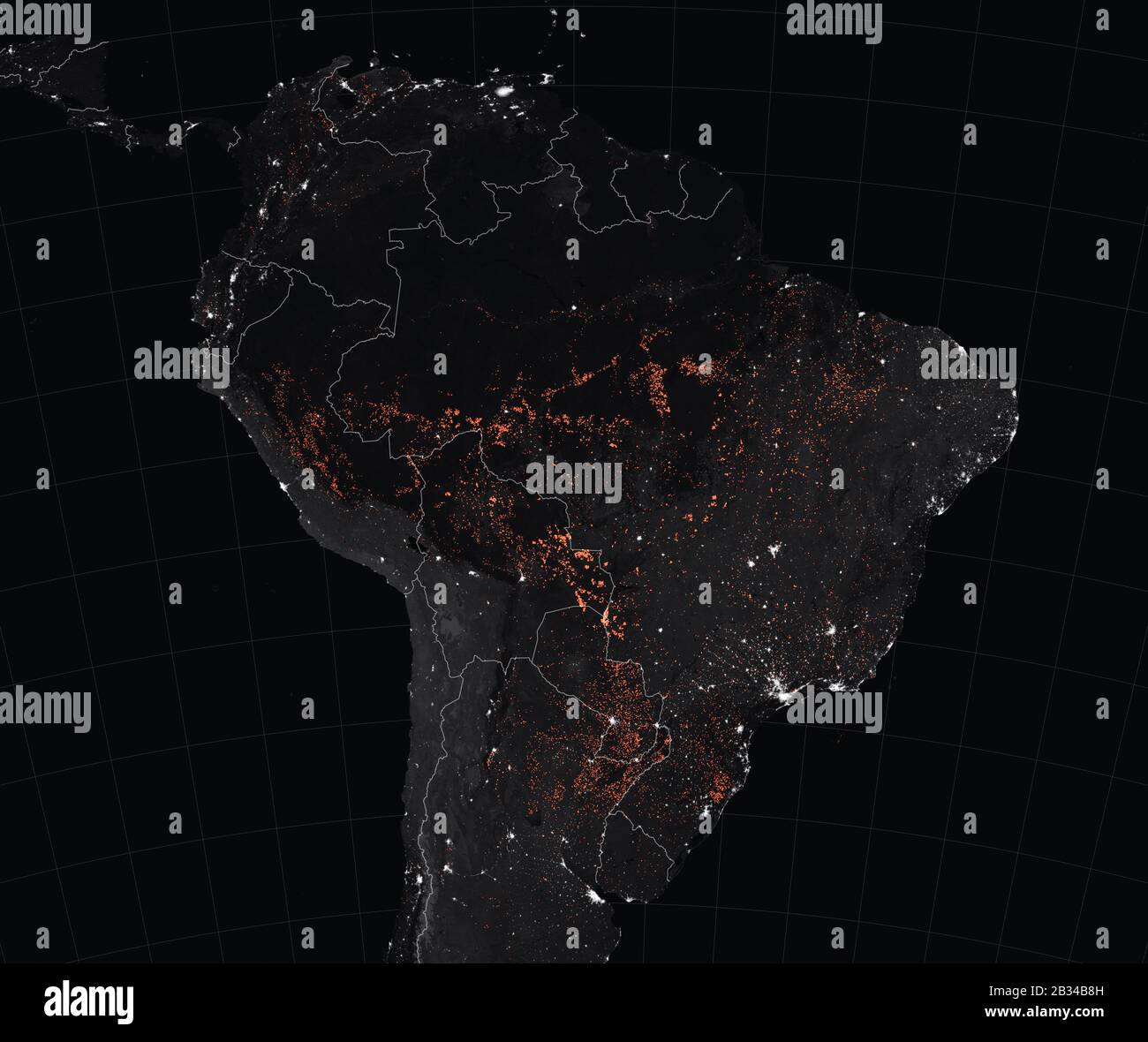 AMÉRIQUE du Sud - 15-22 août 2019 - Cette carte satellite montre des détections de feu actives au Brésil comme observé par les capteurs satellite Terra et Aqua MODIS entrewe Banque D'Images