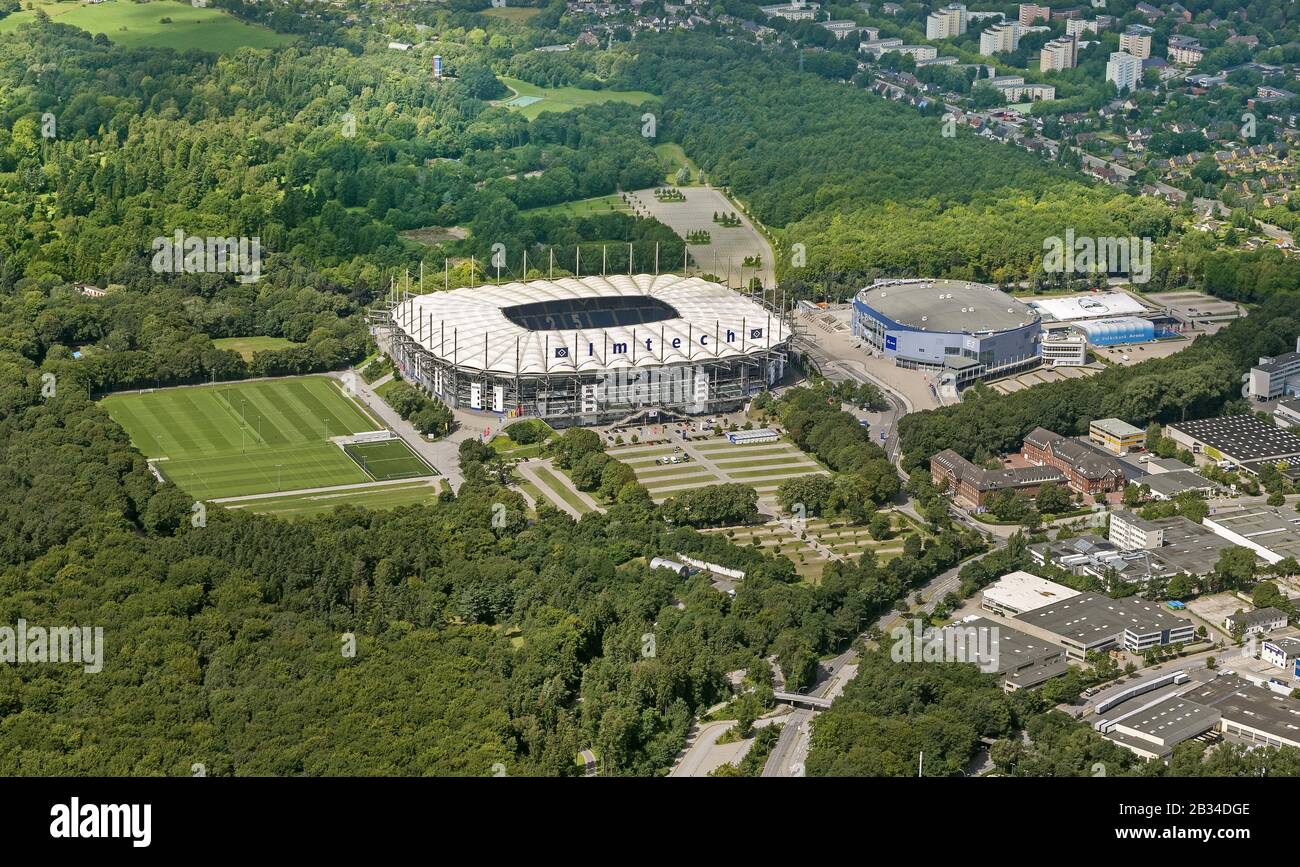 Le stade Imtech-Arena est le stade de la Bundesliga club HSV allemand, vue aérienne, Allemagne, Hambourg Banque D'Images