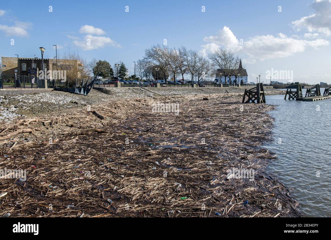 Des débris ont été transportés dans le lac de la baie de Cardiff à la suite des diverses tempêtes de février 2020. Ce n'est en aucun cas tout ce qui a été lavé ici Banque D'Images