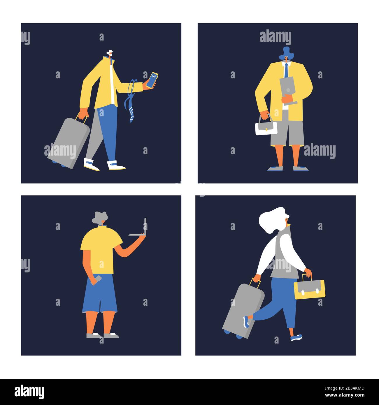 Concept BLeisure. Équilibre entre vie professionnelle et vie privée. Nomades numériques. Les femmes et les hommes qui vont à leur vol avec des bagages. Illustration de Vecteur