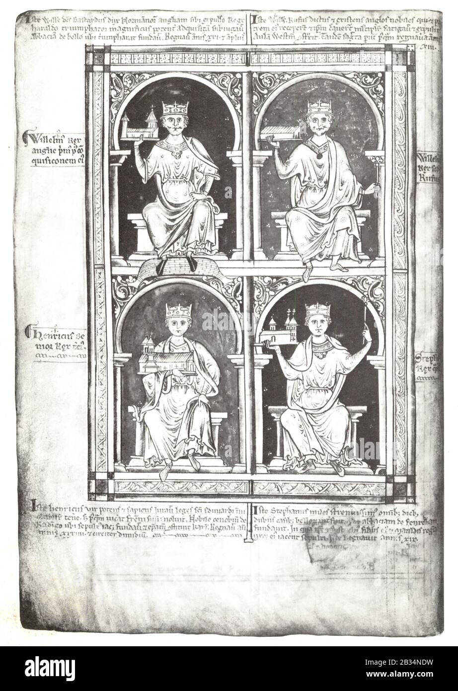 Les rois normands d'Angleterre représentés comme patrons de l'Église - chacun tient un modèle d'une église qu'il a fondée. De gauche à droite, rangée supérieure : William i et William Rufus. Rangée inférieure : Henry i et Stephen. Banque D'Images