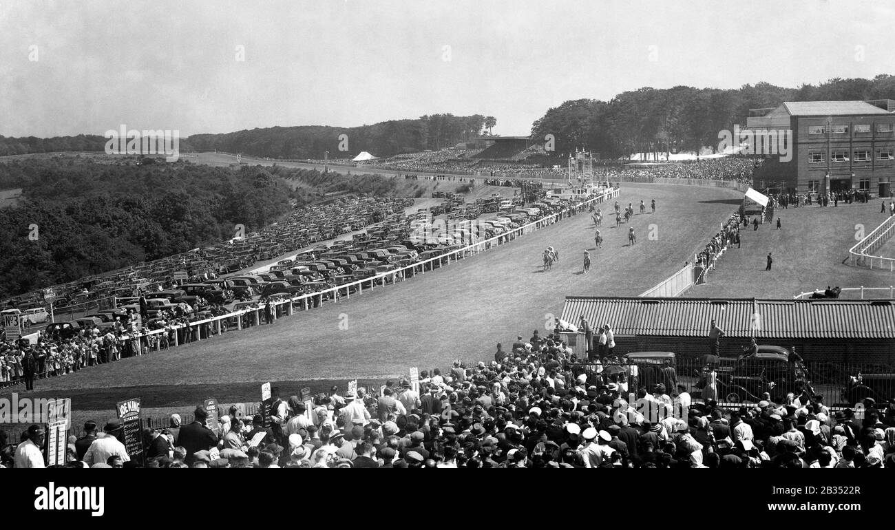 Vue de La colline Trundle montrant une course de cheval en action pendant la course des Craven Stakes, la première course sur la carte à Goodwood. Banque D'Images