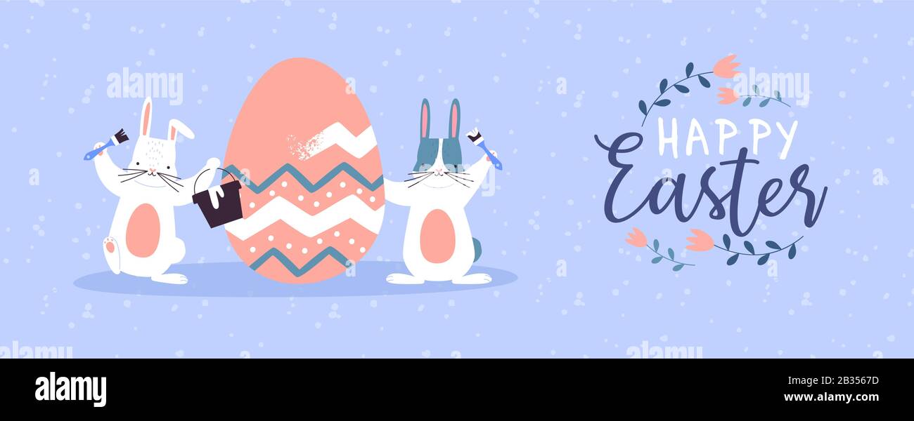Bonne bannière de Pâques de joli lapin animal peinture oeuf et calligraphie florale citation. Drôle d'enfants dessin à la main pour les vacances de saison de printemps Illustration de Vecteur