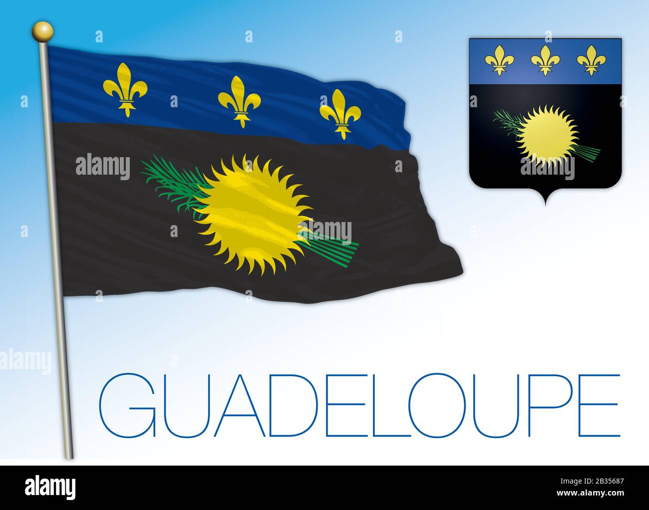 Drapeau national officiel de la Guadeloupe et armoiries, amérique centrale, illustration vectorielle Illustration de Vecteur