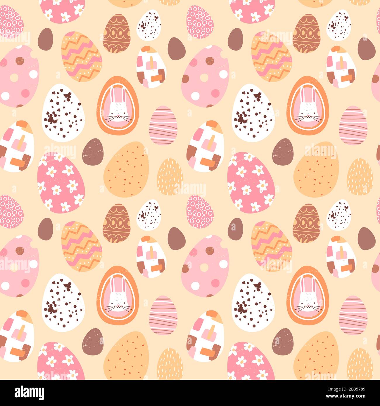 Motif sans coutures aux œufs de Pâques avec joli lapin dessiné à la main, œufs de ferme et décoration printanière. Ambiance festive pour les événements traditionnels. Illustration de Vecteur
