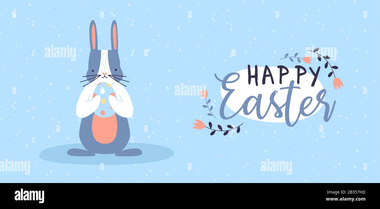 Joyeuses cartes de vœux de Pâques de mignon animal de lapin tenant l'oeuf et la calligraphie florale citation. Drôle d'illustration tirée à la main pour les enfants de la saison de printemps ho Illustration de Vecteur