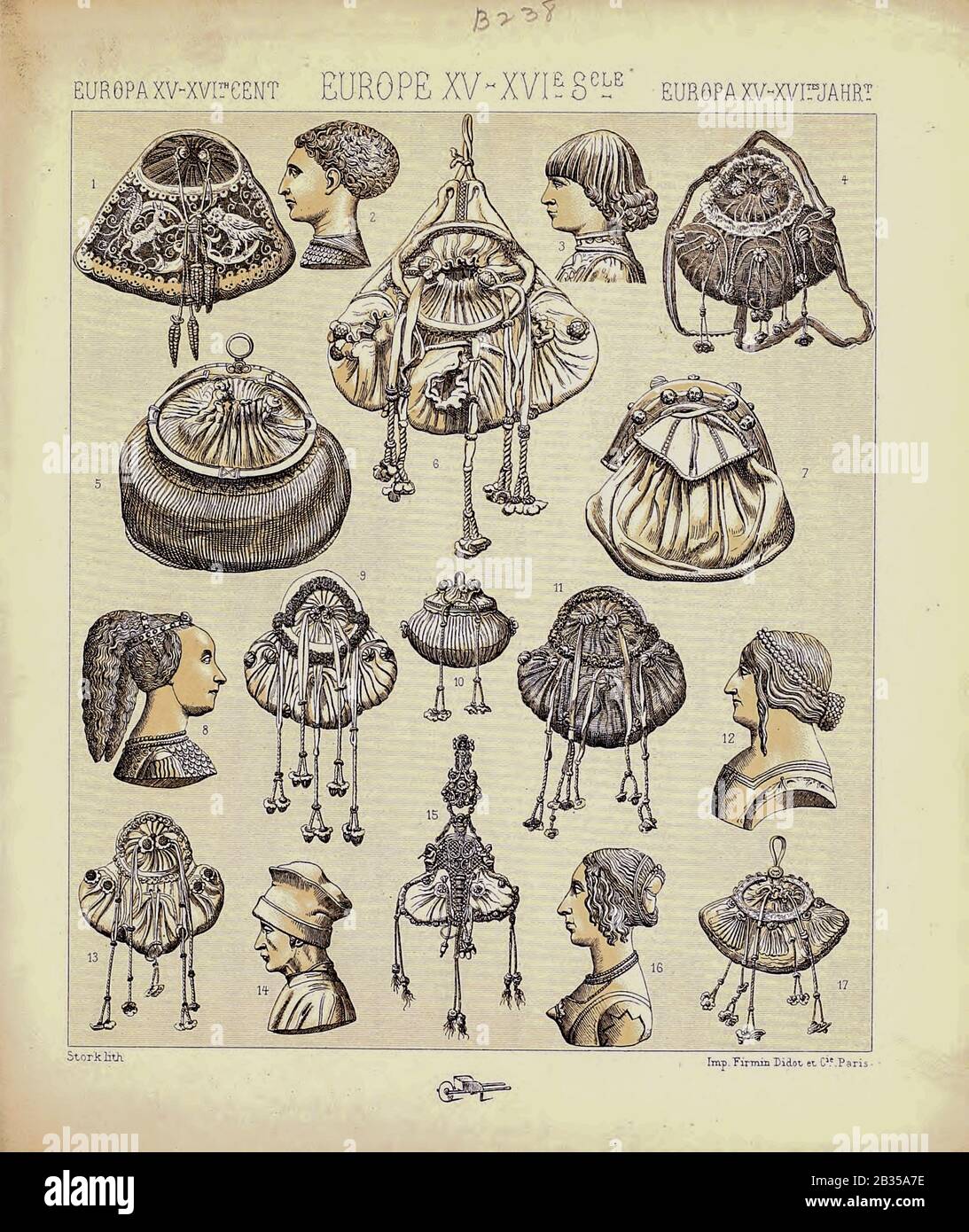 Mode et style de vie européens anciens, styles de cheveux du XVe au XVIe siècle à partir de Geschichte des kostums in Chronological entwicklung (Histoire du costume en développement chronologique) par Racinet, A. (Auguste), 1825-1893. Et Rosenberg, Adolf, 1850-1906, Volume 3 imprimé à Berlin en 1888 Banque D'Images