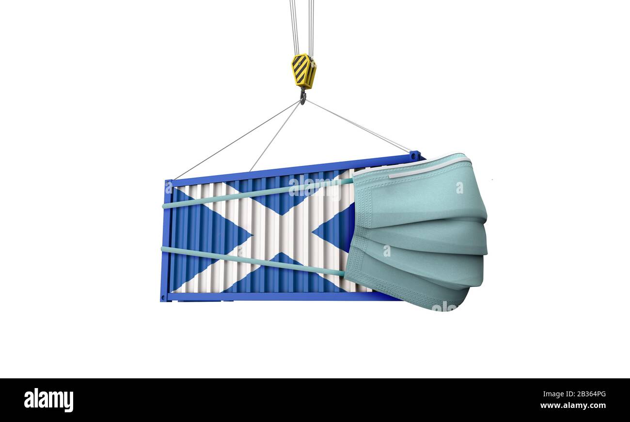 Conteneur d'expédition de fret Scotland drapeau avec masque de protection. Rendu tridimensionnel Banque D'Images
