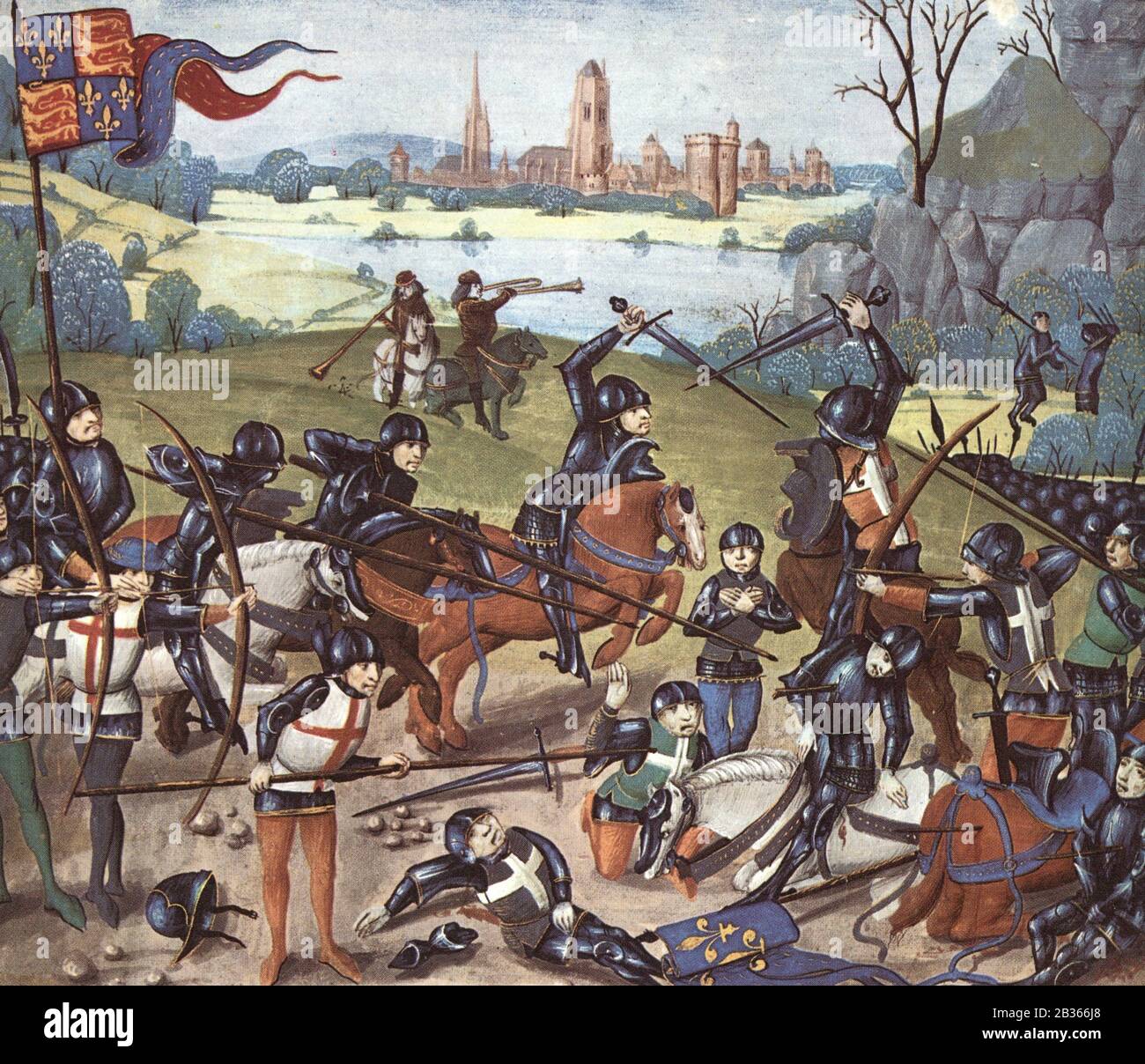 La bataille d'Agincourt, 1415. D'une miniature du XVe siècle. La victoire retentissante d'Henry v a établi sa réputation pour sa vie et pour la postérité. Banque D'Images