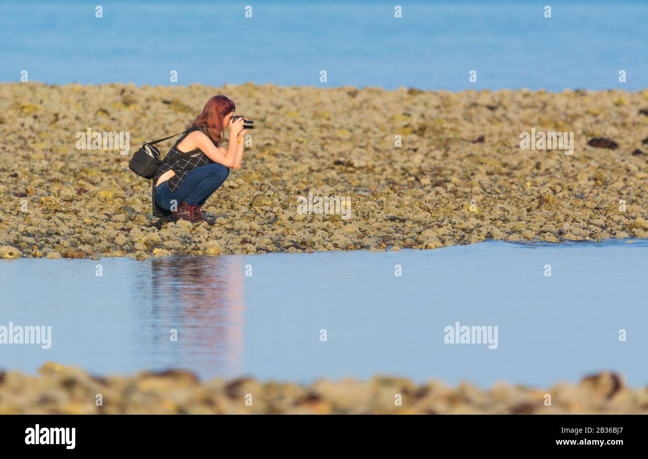 Une jeune photographe femelle se caroupe sur une plage pour prendre des photos. Banque D'Images Une jeune photographe femelle se caroupe sur une plage pour prendre des photos. Banque D'Images