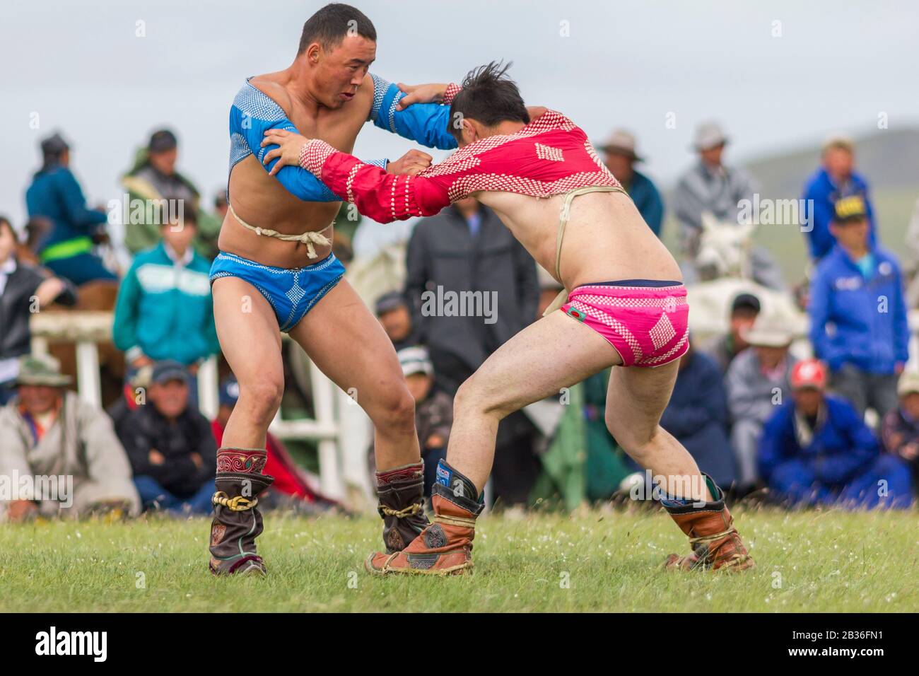 Mongolie, province de Khovsgol, Tsagauannur, festival de Naadam, tournoi de lutte, lutteurs luttant devant les spectateurs Banque D'Images