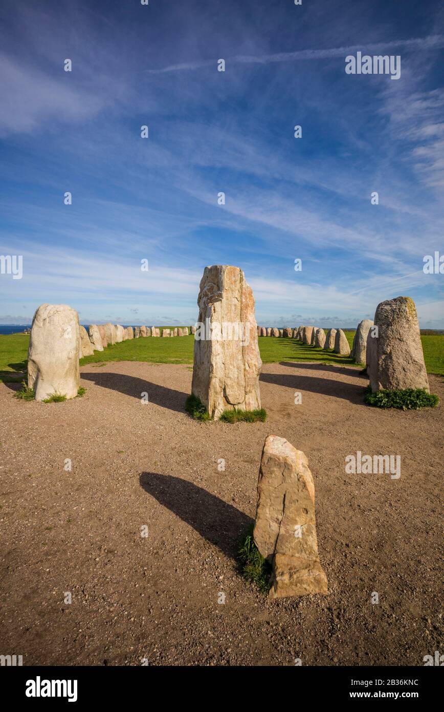 Suède, Sud de la Suède, Kaseberga, Ales Stenar, Ale's Stones, site rituel des premiers peuples, 600 AD Banque D'Images