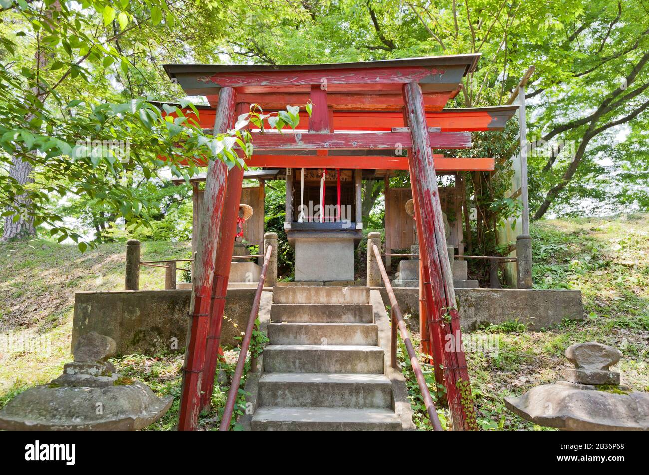 Sanctuaire D'Inari Shinto Dans Le Château D'Aizu-Wakamatsu, Japon. Inari est déesse de la fertilité, du riz, du thé, du saké, de l'agriculture, de l'industrie, de la prospérité générale Banque D'Images