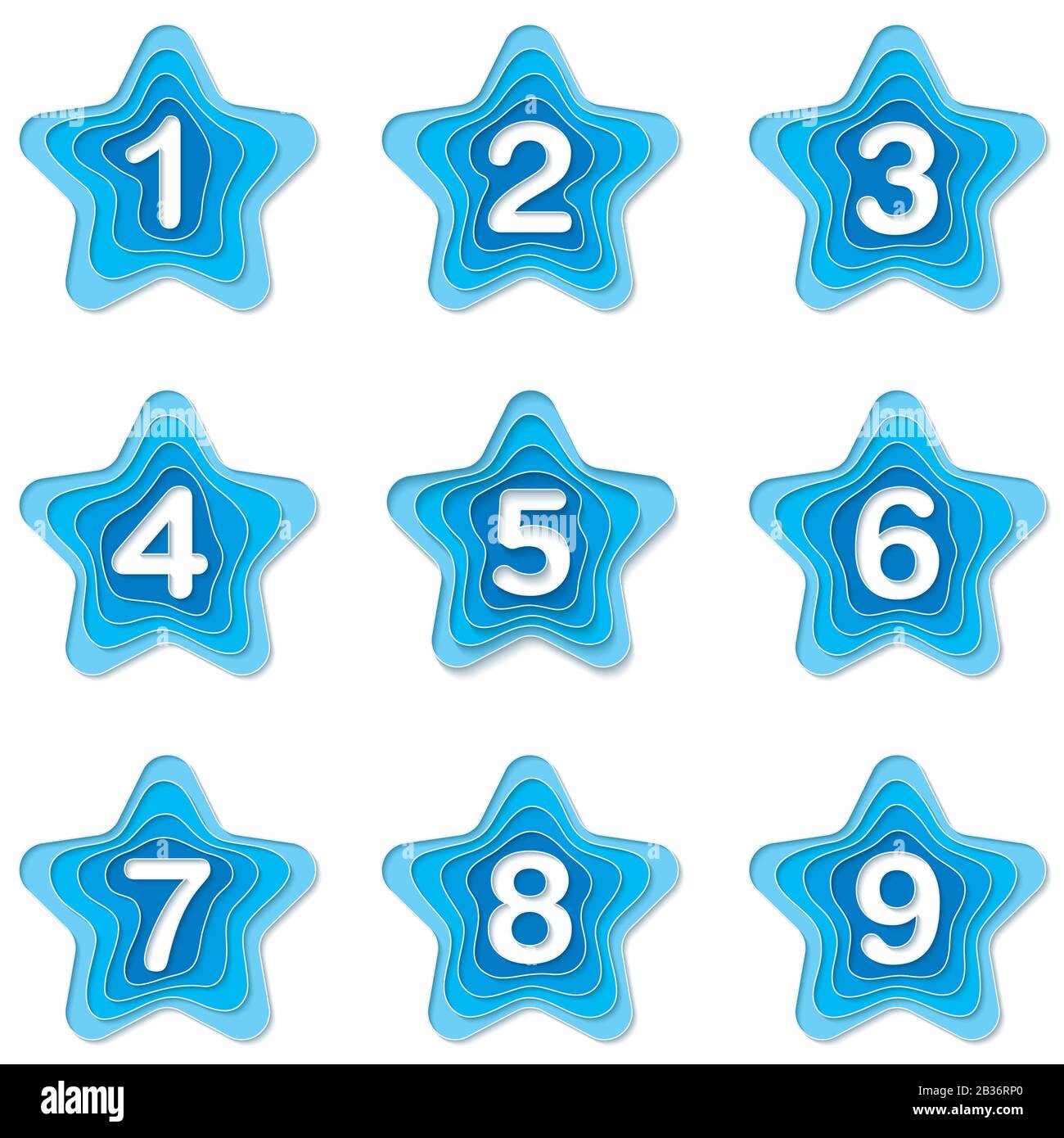 Jeu de points d'étoile bleus 1 à 9. Marqueurs numériques vectoriels en 3 dimensions dans un style de déchargement de papier Illustration de Vecteur