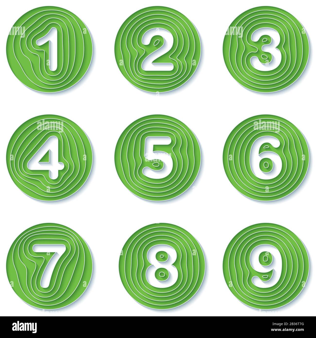 Ensemble de points ronds de cercle 1 à 9. Marqueurs numériques vectoriels en 3 dimensions dans un style de papier coupé Illustration de Vecteur