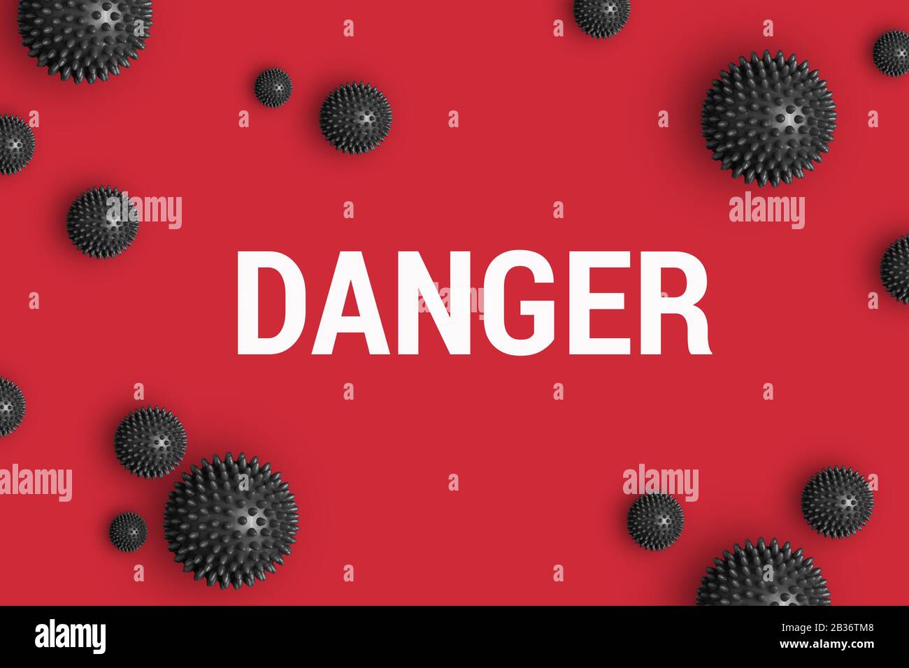 Texte DANGER sur fond rouge avec modèle de déformation du coronavirus 2019-nCoV de Wuhan, Chine. Contexte abstrait du concept de pandémie de virus Banque D'Images