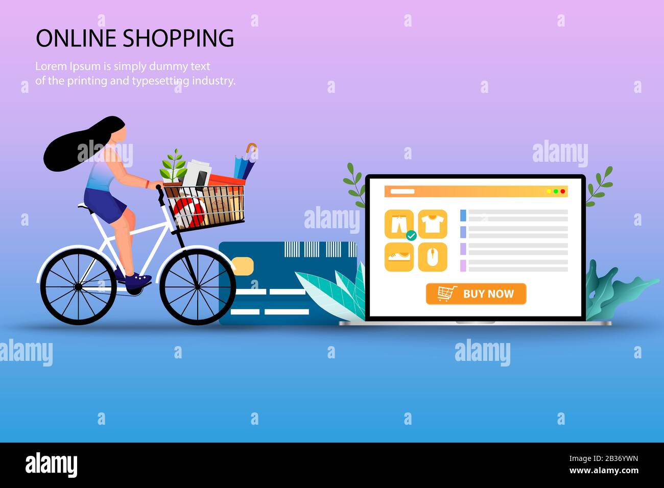 Concept de shopping hors ligne et en ligne, une femme conduit un vélo avec les marchandises dans le panier. La carte de crédit mise près de l'ordinateur portable. Illustration de Vecteur