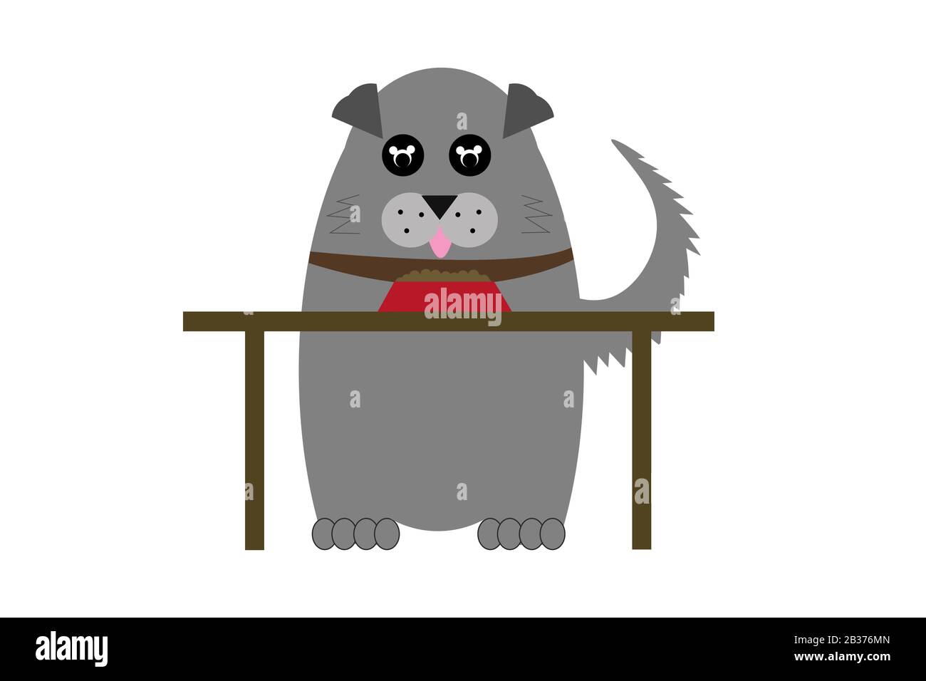 Kawaii illustration. Image d'un gros chien gris Hagu ​​Named avec un collier et un timbre à son nom à une table avec bol de repas. Banque D'Images