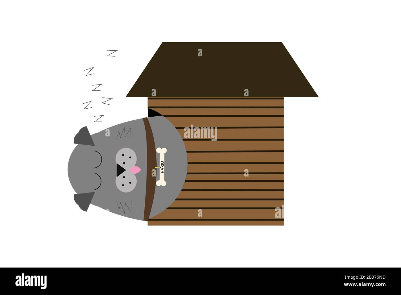 Kawaii illustration. Image d'un gros chien nommé Hagu gris avec un collier et un timbre avec son nom de dormir dans un hangar. Banque D'Images