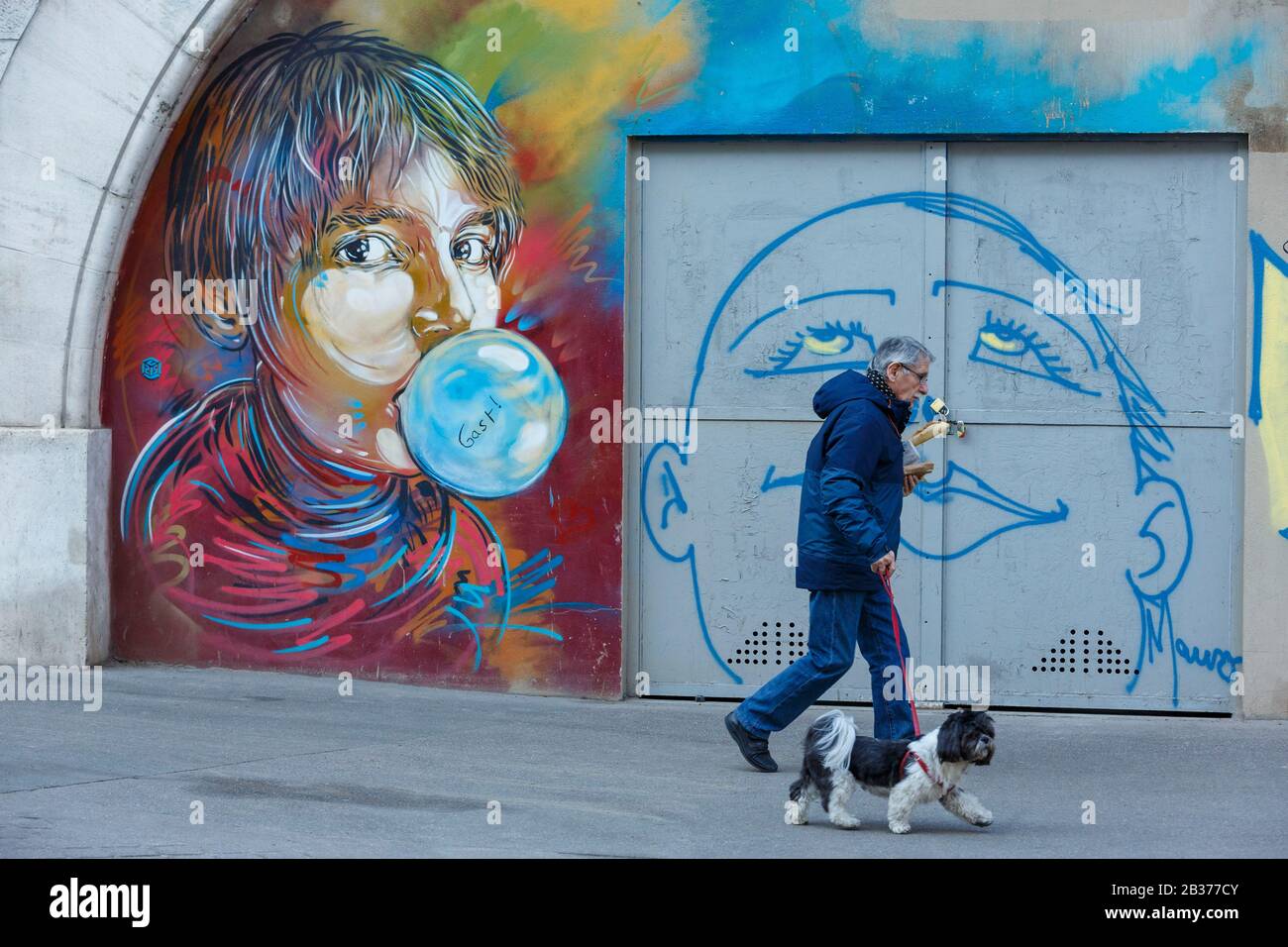 France, Paris, murale sur la façade d'une des arches de la ligne de métro située sur le boulevard Vincent Auriol par le C215 Banque D'Images