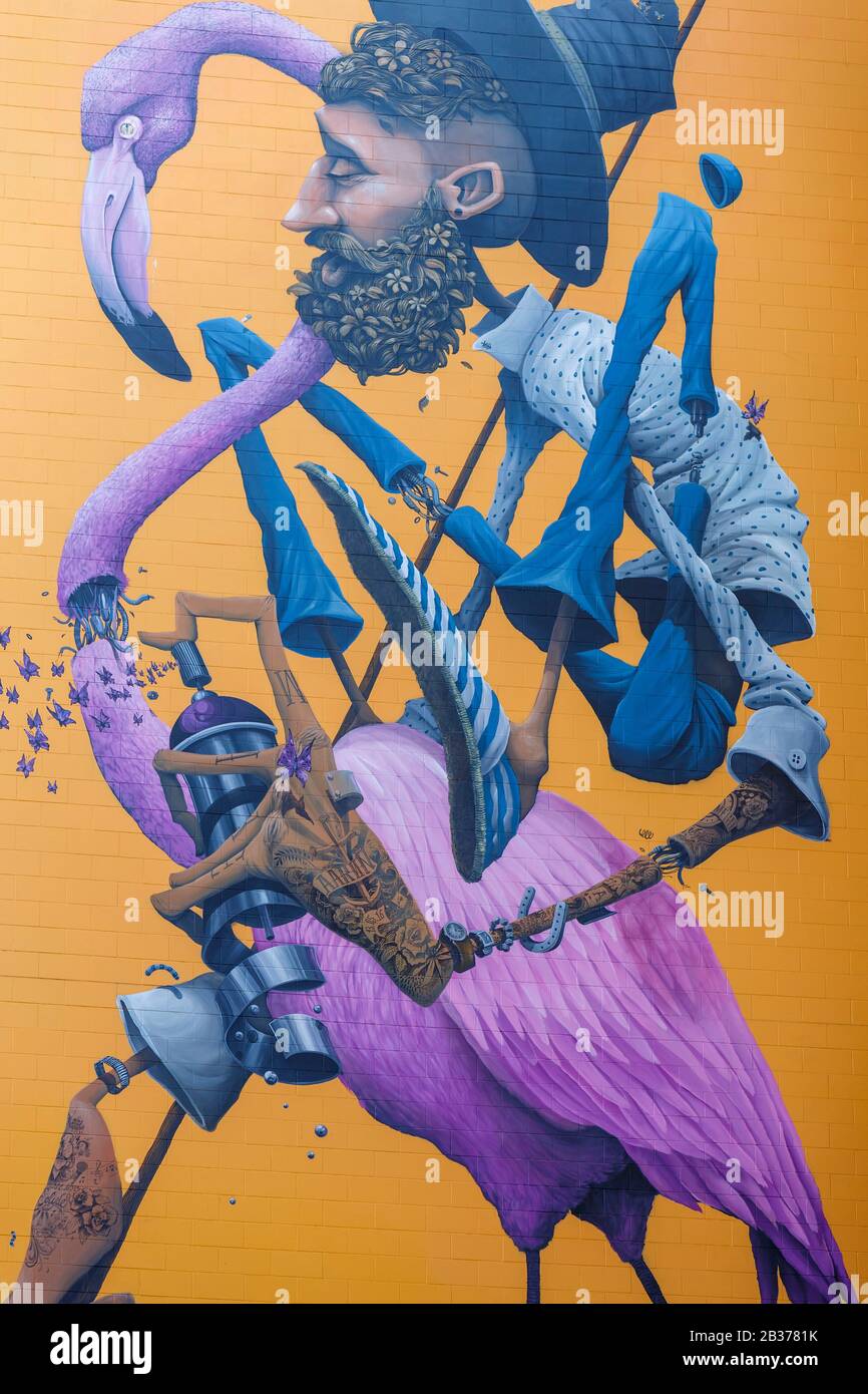 France, Paris, murale sur la façade d'un immeuble d'appartements situé dans le boulevard Vincent Auriol appelé la Camargue par Maye Banque D'Images