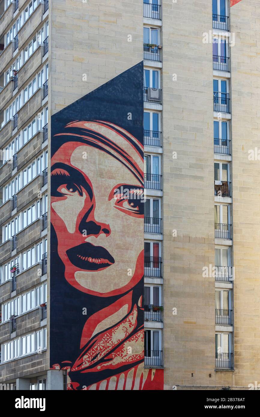 France, Paris, fresque du Boulevard Vincent Auriol surnommée Rise au-dessus de Rebel par l'artiste Shepard Fairey (Alias Obéis) Banque D'Images