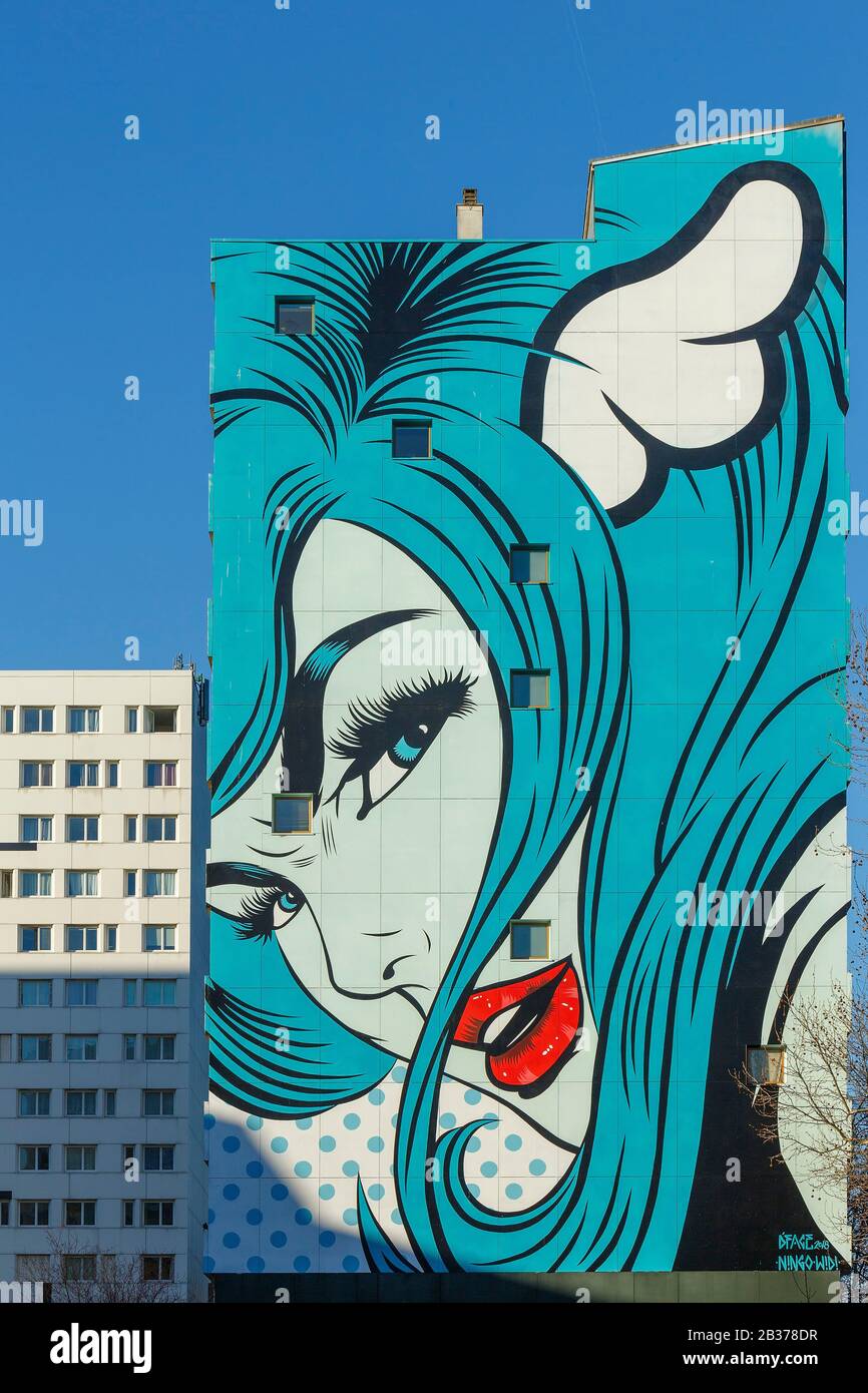 France, Paris, art de la rue, fresque appelée Turncoat de DFAce sur la façade d'un immeuble d'appartements du Boulevard Vincent Auriol Banque D'Images