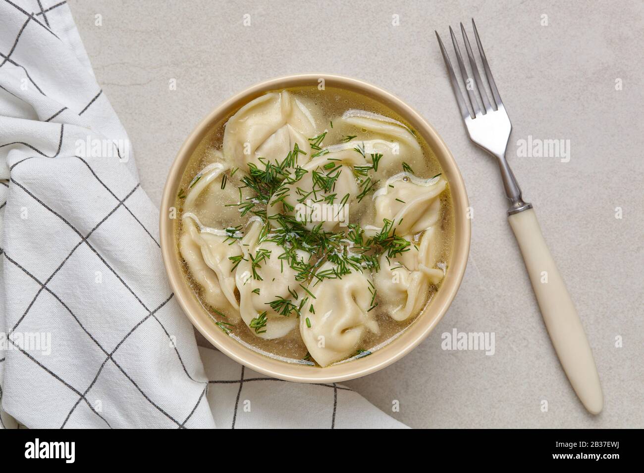 Plaque de boulettes russes traditionnelles, ravioli sur fond clair. Cuisine maison. Vue de dessus. Banque D'Images