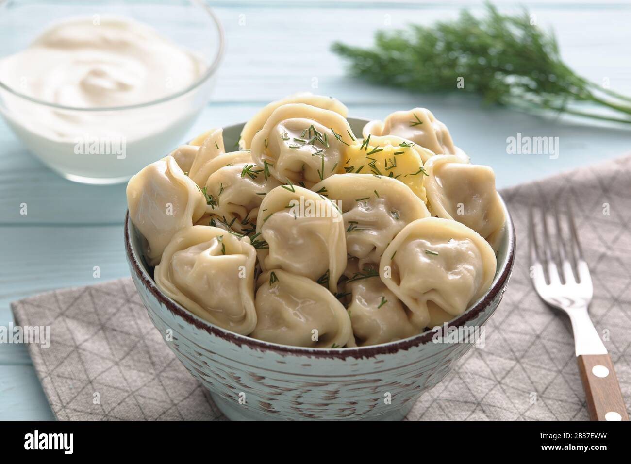 Plaque de boulettes russes traditionnelles, ravioli sur fond clair. Cuisine maison. Banque D'Images