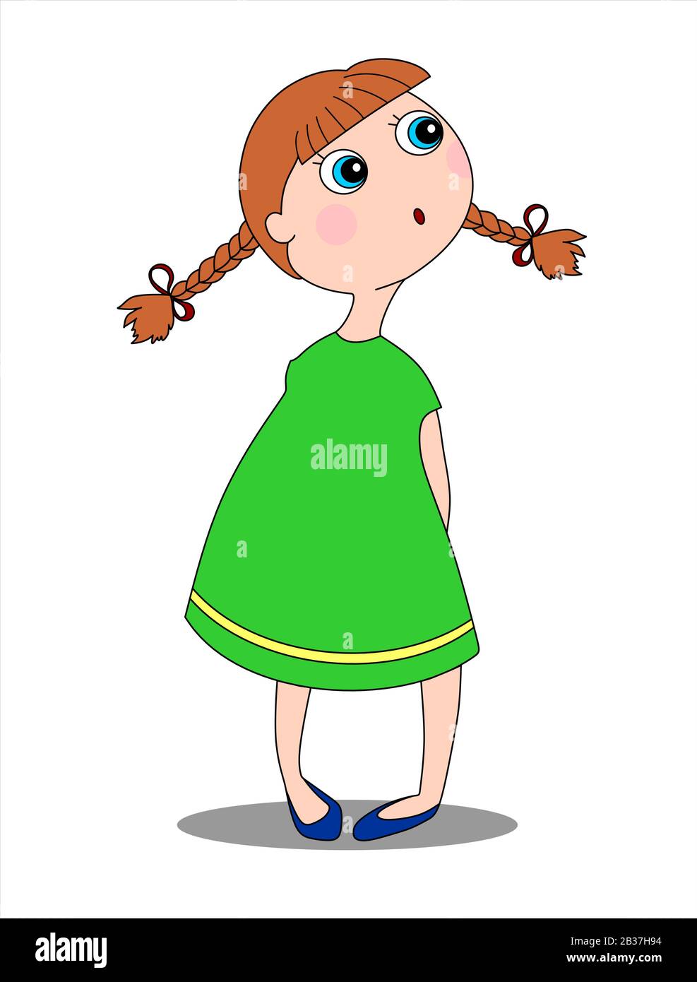 Une petite fille surprise aux yeux bleus, aux cheveux rouges, tressée dans les queues de porc, dans une robe verte et des chaussures bleues regarde vers la gauche. Image vectorielle isolée. Illustration de Vecteur